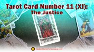 Close-up of Justice Tarot Card showing detailed symbolism of scales and sword
